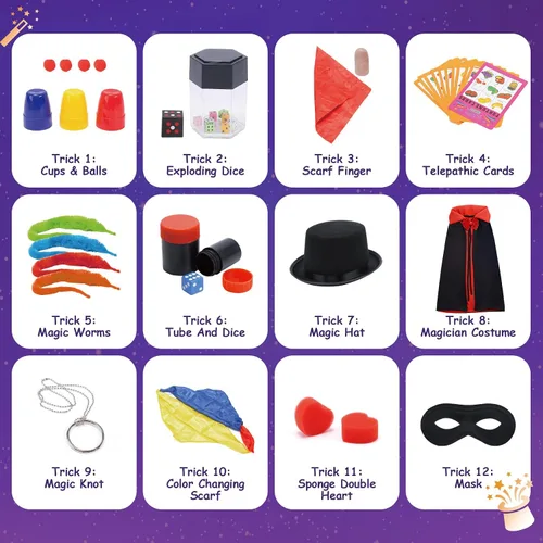 Vista 6 de Skirfy Kit de mago, disfraz de mago para juegos de simulación, trucos de magia para niños de 6 a 8 años, juego de magia para principiantes, regalo