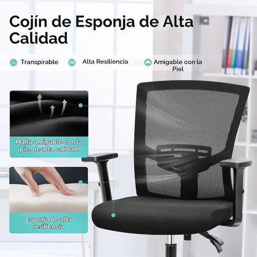 Vista 5 de ALPHA HOME Silla de oficina ergonómica, silla de computadora de malla con respaldo medio con soporte lumbar, taburete ejecutivo con reposabrazos