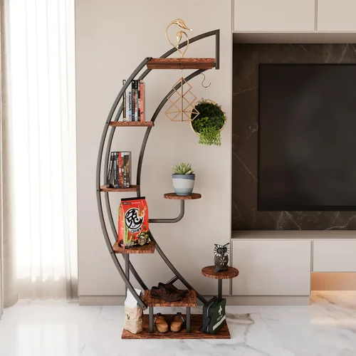 Vista 6 de IDZO - Estantería de metal en forma de media luna para plantas, estantes múltiples para interiores, marrón oscuro, ideal para la decoración