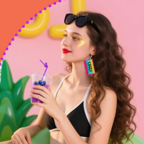 Vista 6 de Aretes de los años 70, 80 y 90 para mujer, aretes retro de cinta de cassette acrílica, aretes colgantes para Halloween, cosplay, fiesta brillante