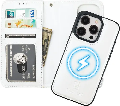 Vista 17 de Bocasal Funda tipo cartera desmontable para iPhone 15 Pro con bloqueo RFID, ranuras para tarjetas, soporte de cuero PU premium magnético con soporte