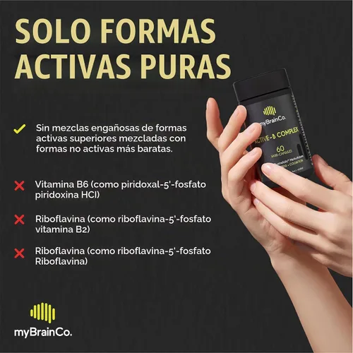 Vista 3 de myBrainCo. Complejo Active-B – Suplemento de vitamina B activada de alta resistencia con folato B2, B6, B12 y metilo – Apoya la energía, la función