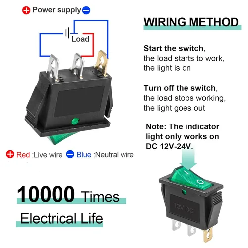 Vista 3 de KCD3 SPST de encendido/apagado de 3 pines, 2 posiciones, interruptor basculante instantáneo DC 12V-24V 30A con LED verde para barco - Paquete de 5