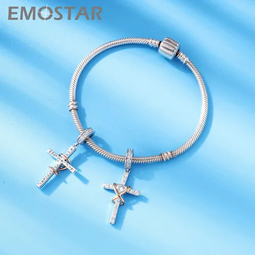 Vista 3 de EMOSTAR Juego de dijes brillantes de circonita cúbica para mujer Pandora, dijes de mal de ojo y cruz de circonita cúbica colgante, juego de joyas