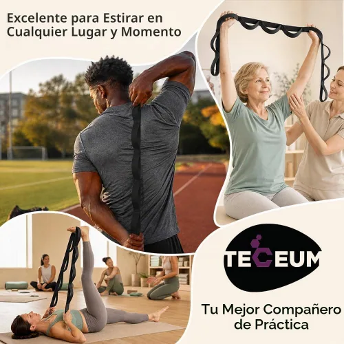Vista 9 de TECEUM Stretching Strap with 10 Loops for Physical Therapy & Rehab Negro