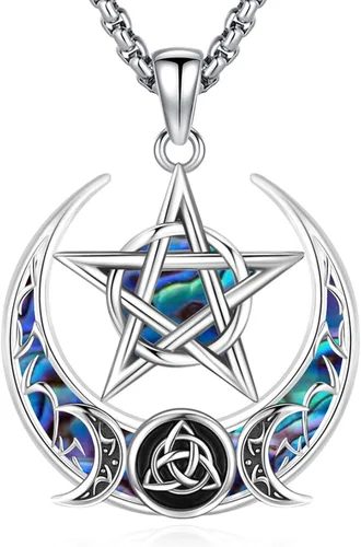 Vista 207 de Collar de pentagrama de plata de ley con triple luna, diosa celta, nudo celta, nudo de brujas, Ankh, sol y luna, Hécate, lilith, Santa Muerte