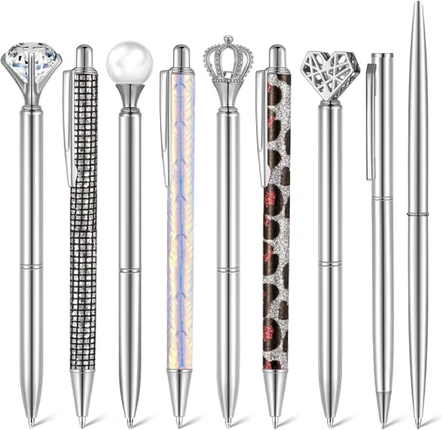 Vista 8 de Janmini Juego de 9 bolígrafos de punta de bola de metal con diamantes de cristal y purpurina para diario, tinta negra, cosas bonitas y lindas