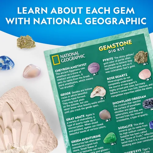 Vista 6 de Kit de excavación de piedras preciosas de National Geographic – Excava 10 piedras preciosas y cristales reales, kit científico para niños, kit