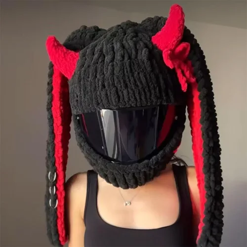 Vista 7 de Lindas fundas para casco de motocicleta con orejas de gato/conejo, cubierta de decoración de casco de cara completa divertida de felpa, gorro