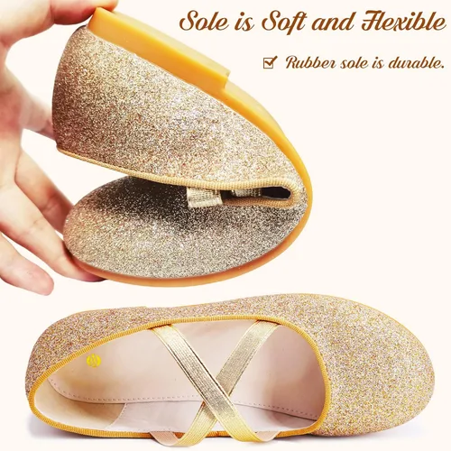 Vista 3 de W&LESVAGO Zapatos de ballet de princesa con purpurina para niñas con correa elástica, zapatos de vestir Mary Jane para niña, regreso a la escuela