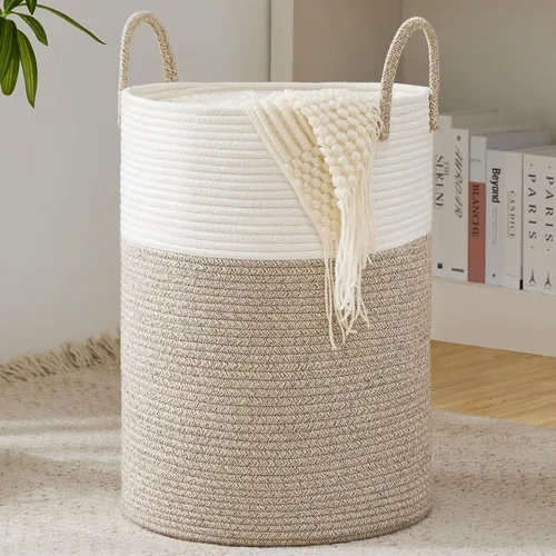 Vista 10 de Cesta de Cuerda de Algodón para Ropa Sucia de YOUDENOVA, 58L - Cesta de Lavandería Tejida Plegable - Cesta de Almacenamiento de Ropa para Mantas
