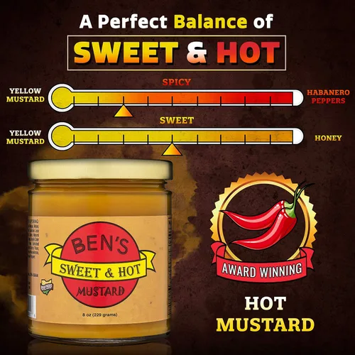 Vista 2 de Ben's Sweet & Hot Mostaza picante salsa de mostaza y mostaza amarilla para untar delicatessen, mostaza natural, dulce y caliente, 8 onzas