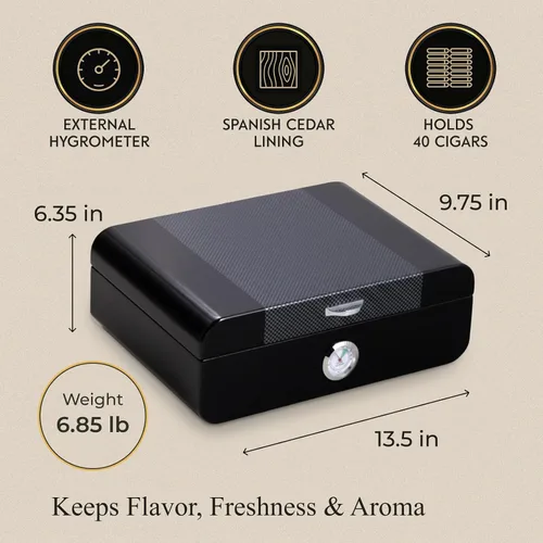 Vista 5 de Bey-Berk Dylan Humidor de puros con diseño de fibra de carbono, caja de 40 puros forrada de cedro español con higrómetro y humidificador, color negro
