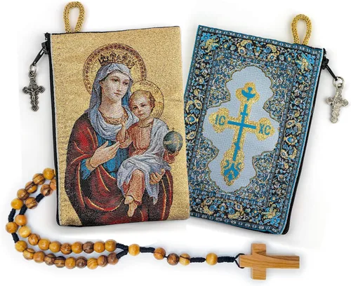 Vista 9 de Bolsa de rosario con cuerda católica de madera de olivo, rosario de Israel, Jesús Rey del Universo y creo en Dios, tela tejida, estilo tapiz, bolsa