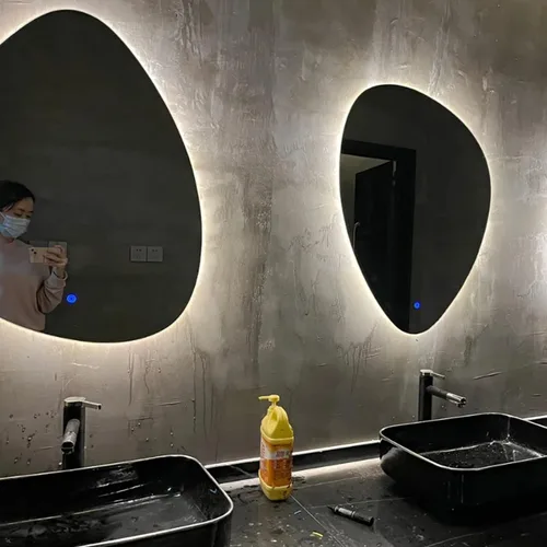 Vista 2 de Espejo de pared irregular sin marco con luz LED, espejo de baño retroiluminado con LED tricolor regulable, espejo de maquillaje asimétrico con gotas