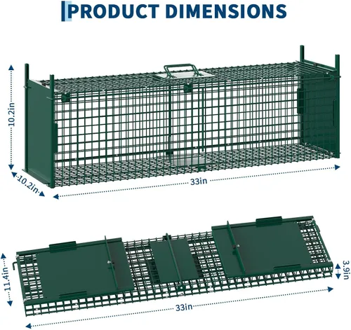 Vista 8 de Jaula de trampa para animales vivos de doble puerta, plegable, de acero resistente, fácil de instalar y liberar, gatillo sensible, asa