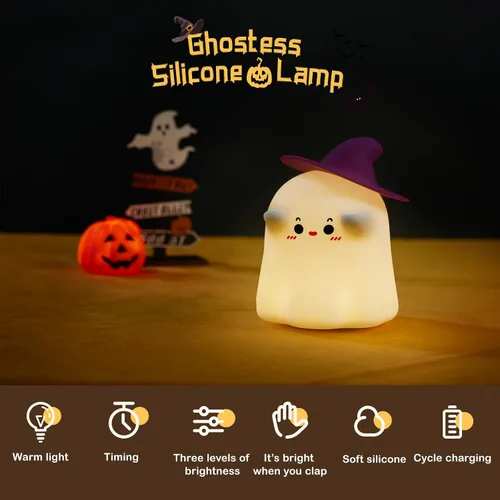 Vista 5 de Luz nocturna fantasma para niños: bonita lámpara LED - Luz nocturna de silicona regulable para guardería - Lámpara táctil de noche de noche