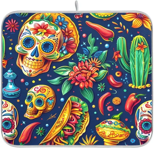 Vista 54 de Tapete de secado de platos de primavera naranja con flor de amapola para encimera de cocina, tapete escurridor absorbente de microfibra, tapete