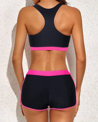 Vista 4 de Yonique Traje de baño tankini atlético de 3 piezas para mujer con pantalones cortos, camisetas sin mangas con brasier deportivo y pantalones cortos