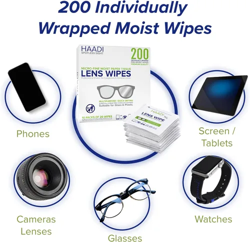 Vista 3 de Toallitas limpiadoras de lentes para anteojos, 200 unidades, envueltas individualmente, multiusos, prehumedecidas para lentes de anteojos, cámaras