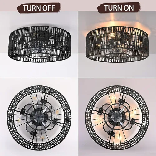 Vista 3 de Ventilador de techo enjaulado negro con luz, ventilador de techo industrial de perfil bajo con luces y ventilador cerrado remoto, ventiladores