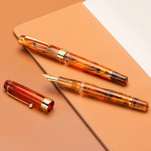 Vista 7 de Asvine P20 - Pluma estilográfica de pistón de resina ámbar, punta media de iridio, bordes dorados, colección Smooth Writer con estuche