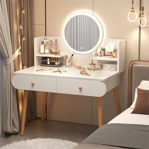 Vista 11 de Tocador con espejo iluminado, estilo simple, moderno, estándar, escritorio de madera, 2 cajones, tocador de maquillaje para dormitorio, vestidor