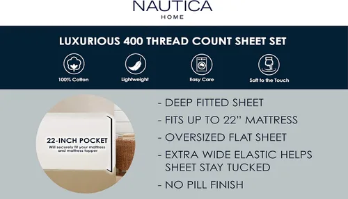 Vista 5 de Nautica - Sábanas tamaño King, ropa de cama de satén de algodón, 400 hilos, sedosas y resistentes a las arrugas (blanco regata, King)