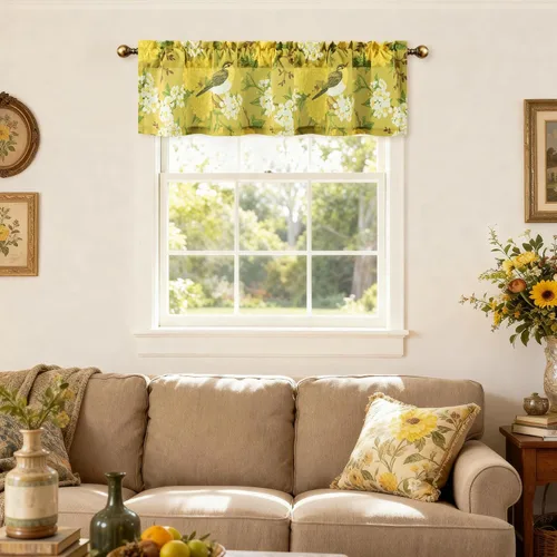 Vista 11 de VOGOL Cenefa de pájaro y bayas, decoración clásica de ventana de campo americano con estampado botánico, cortina de bolsillo para barra fácil