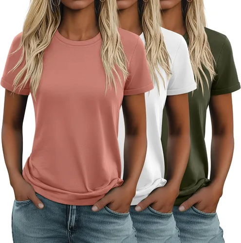 Vista 20 de Huukeay Paquete de 3 camisetas de algodón para mujer, estilo casual, de manga corta, cuello redondo, ajuste holgado, básica, lisa