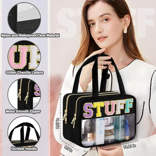 Vista 5 de Bolsa de maquillaje con letras claras, negro, tamaño L, bolsa transparente