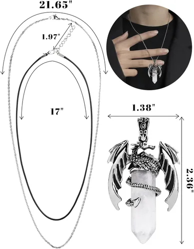 Vista 18 de Collar de dragón – Colgante hexagonal de plata envuelto en cristal con cristal natural – Joyería genial para hombres y mujeres