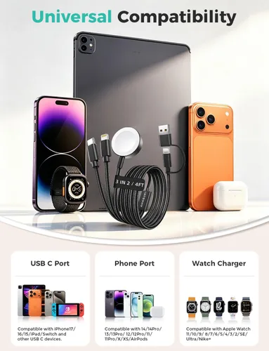 Vista 3 de Esenciales de viaje para Apple Watch, esenciales para acampar en cruceros, cable de carga múltiple, puertos de carga 3 en 2 para iWatch Series Negro