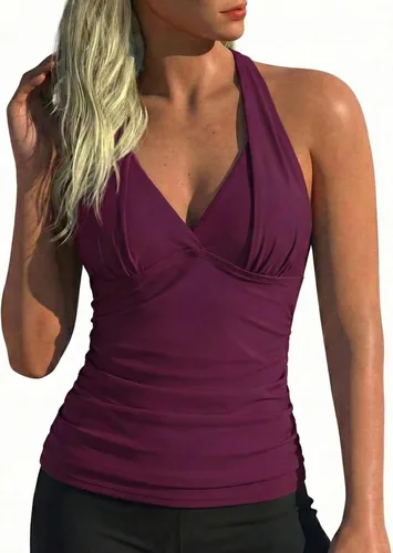 Vista 9 de Hilor - Parte superior de tankini para natación, con cuello profundo en V y halter, drapeado, para mujer Amaranto