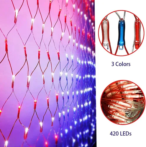 Vista 5 de Luces solares de bandera estadounidense, 420 luces LED impermeables de red de bandera estadounidense, decoraciones del día de la independencia, 8
