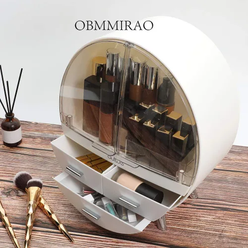 Vista 4 de Elegante caja organizadora de maquillaje a prueba de polvo, organizador de cosméticos mediano impermeable con cajones para cuidado de la piel