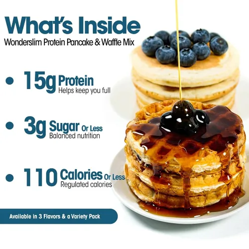Vista 3 de Mezcla para panqueques y waffles de proteínas WonderSlim, sabor a arándano, baja en azúcar y calorías (7 unidades) High Protein Breakfast, 15g