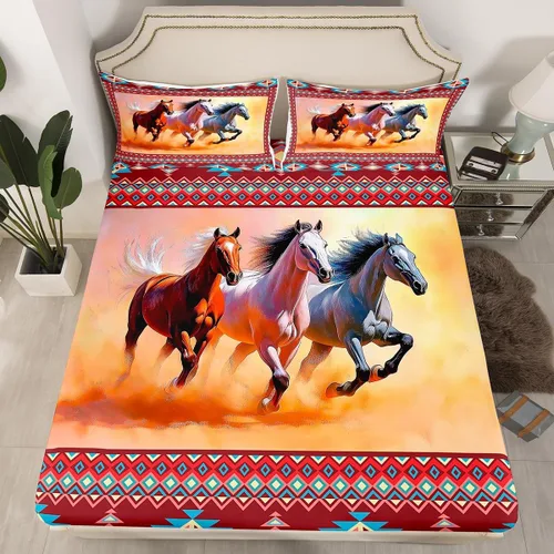 Vista 41 de Juego de ropa de cama de estilo bohemio occidental, tamaño individual, diseño de vaca atrapasueños, sábana bajera ajustable del suroeste, tribu