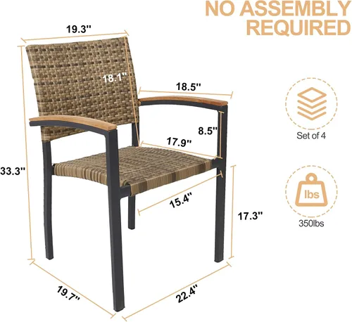 Vista 3 de TRY & DO Juego de 4 sillas de comedor para patio, sillas de comedor apilables de mimbre al aire libre con reposabrazos de madera, marco de aluminio