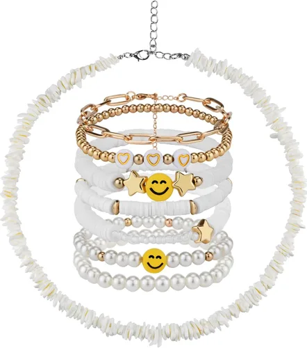 Vista 15 de Preppy Heishi - Juego de pulseras de surfista para niñas adolescentes, bonitos aretes estéticos, anillos estéticos preppy coloridos de oro blanco
