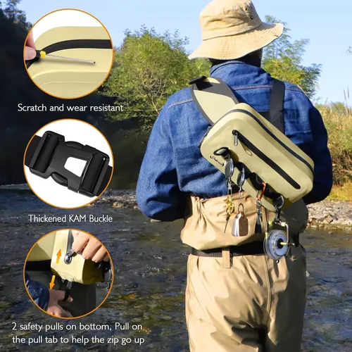 Vista 7 de Dovesun Riñonera de pesca impermeable para hombres 3.3L bolsa de pesca con mosca bolsa de pecho con cremallera hermética