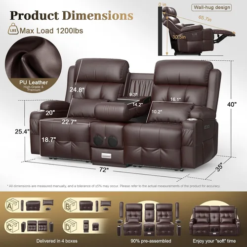 Vista 47 de Sofá de Dos Plazas Reclinable, Sofá Reclinable de Masaje con Gran Capacidad de Peso, Silla de Dos Plazas para RV en Liquidación con Consola, USB