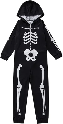 Vista 5 de Pijamas de Halloween a juego para la familia, divertido esqueleto impreso con cremallera pijamas Halloween cosplay disfraz para hombresmujeresniños