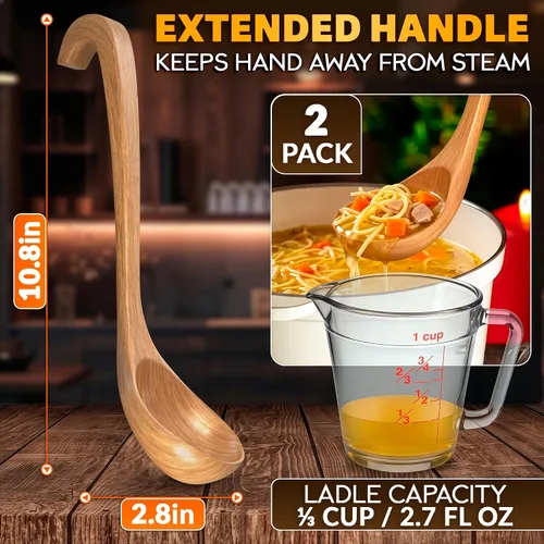 Vista 2 de 2 cucharones de madera para sopa, 2.7 onzas líquidas, suaves con utensilios de cocina antiadherentes Wooden Soup Ladle Set, 10.8 x 2.8 In