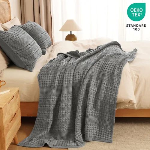 Vista 5 de PHF Lightweight 100% Cotton Waffle Throw Blanket for Couch, Dark Grey 40 Gris Oscuro