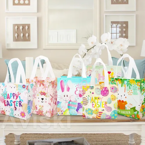 Vista 7 de Aviski 12 bolsas de caza de huevos de Pascua de varios tamaños, bolsa de regalo de huevos de gallina de zanahoria con asas, bolsas de regalo