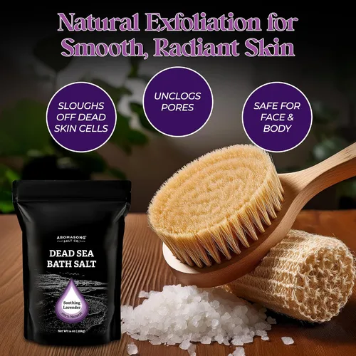Vista 6 de Aromasong Sal pura del mar muerto para remojar con lavanda 100 % natural, 14 onzas, sal de baño de spa de grano fino, exfoliante de lavado corporal