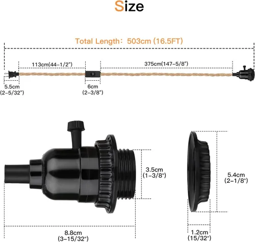 Vista 2 de Kit de luces colgantes de 16.5 pies, luces colgantes con cable de enchufe e interruptor, lámpara colgante de cuerda de cáñamo E26, cable de linterna
