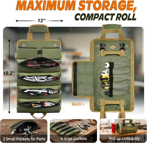 Vista 2 de Organizador de rollos de herramientas de lona resistente, bolsa multiusos para llaves con 6 bolsillos con cremallera, almacenamiento compacto