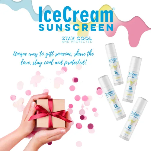 Vista 5 de IceCream Sunscreen - Juego de 4 bálsamos labiales con aroma tropical, protector solar resistente al agua para labios, cuidado de labios para todas